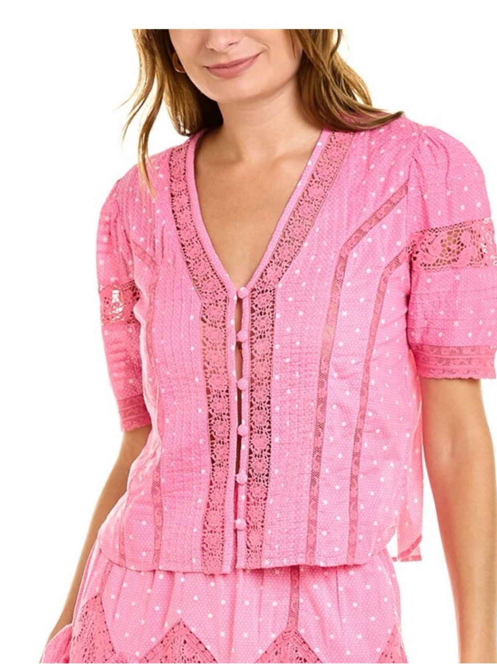 LoveShackFancy Pink Lace Accent Cotton Galivan Top XS